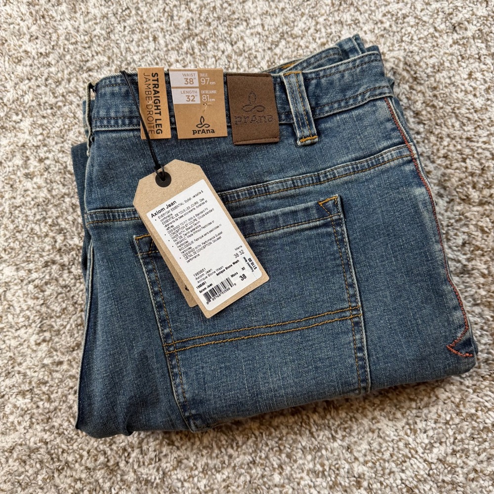 Prana Axiom Jean Mens 38x32 Antique Stone Wash Straight Leg Organic Denim NEW